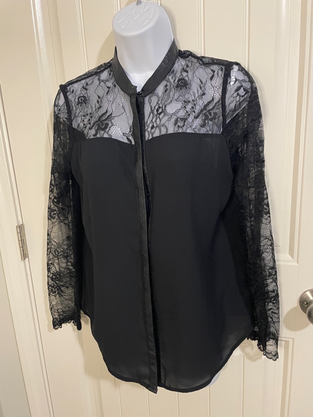 Express Black Lace-Yoke Long Sleeve Blouse button up